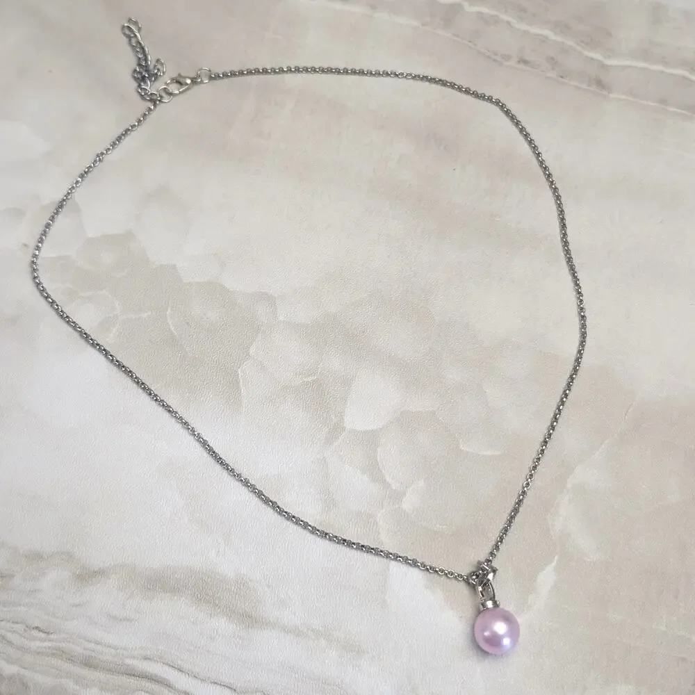 Pink Faux Pearl with Clear Gems Silver Tone Pendant Necklace
